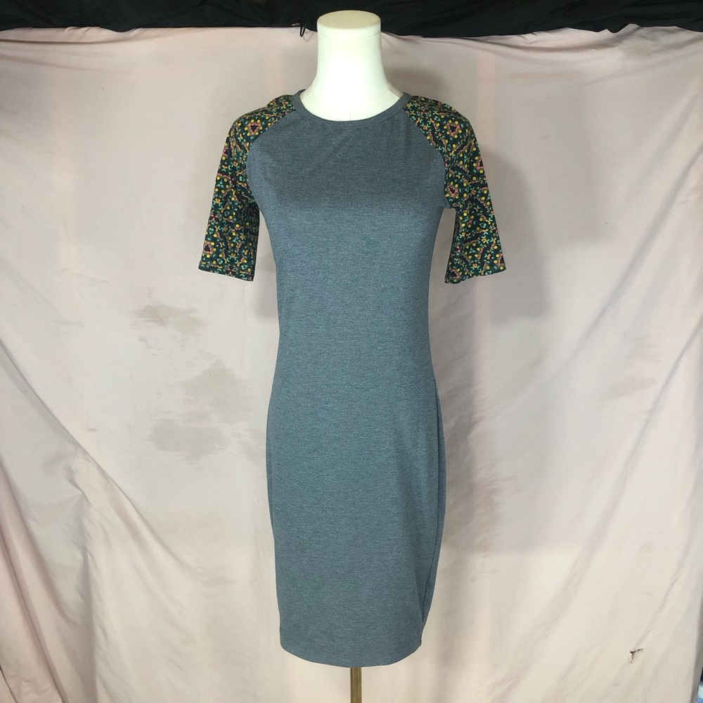 LuLaRoe Heather Gray Midi Nightgown Dress with Floral Raglan Sleeves